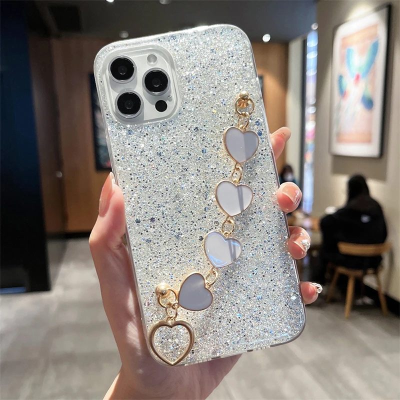 Luxury Soft Love Heart Bracelet Phone Case For Xiaomi Redmi Note 11 11S 10 10S 10A 9 9A 9C 10C 9T POCO X3 X4 F4 Back Chain Cover