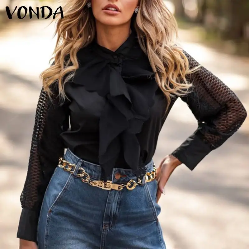 

VONDA 2022 Fashion Spring Women Blouse High Neck Long Sleeve Chemise Tops Lace Patchwork Ruffled Tunic Top Party Blusa Femininas