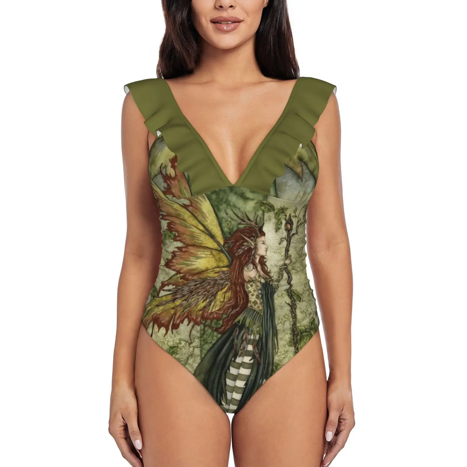 

Зеленый женский купальник с оборками, Женский цельный купальник, монокини, женская пляжная одежда, Сказочная фантазия, Amy, коричневый, зелен...