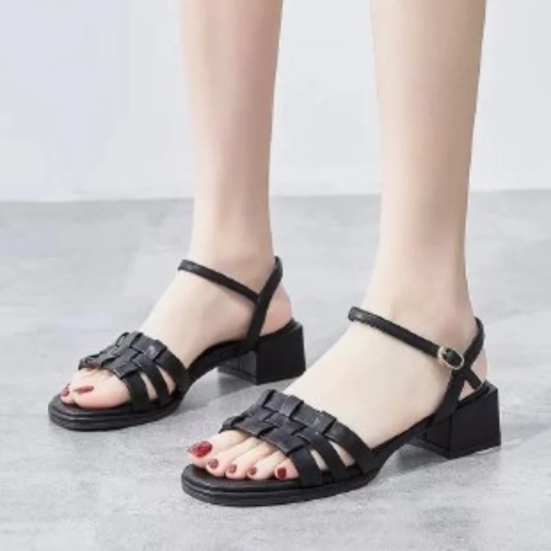 

2023 Shoes Women Genuine Leather Ankle Strap Sandals Thick Heel Sandals Mid Heels Buckle Ladies Footwear Summer Green Apricot