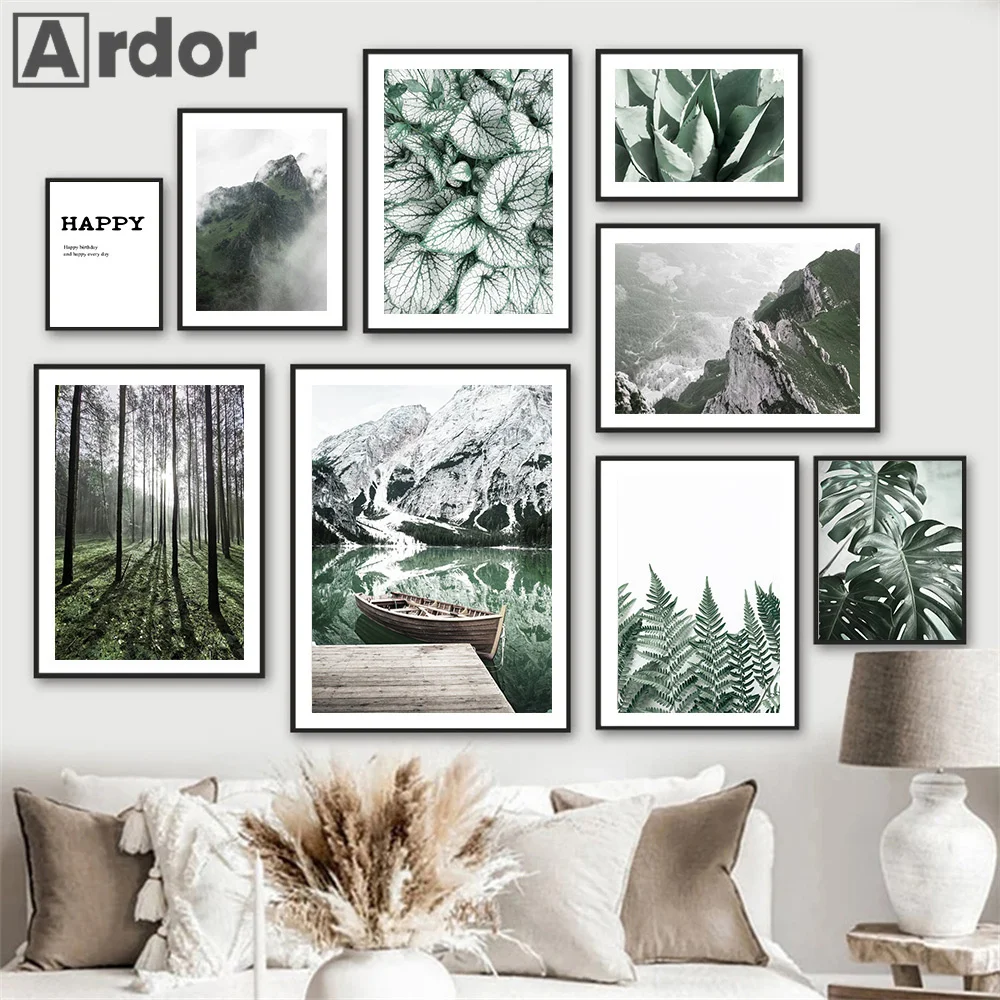 

Green Leaf Posters Mountain Lake Boat Tree Forest Fog Wall Art Canvas Painting Nordic Prints Quotes Pictures Living Room Decor