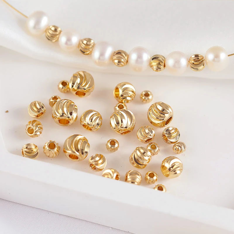 

30pcs 14K Gold Plated Brass Round Ball Engraved Spacer Beads 3 4 5 6mm Spiral Pattern End Beads For DIY Jewelry Making Supplies