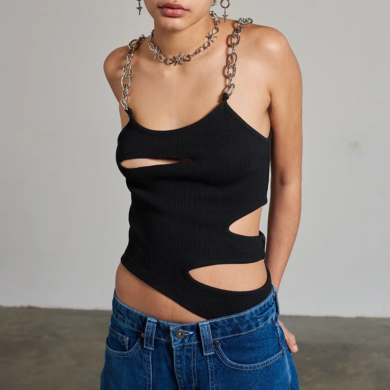 

Cut Out O Neck Grunge Punk Mini Vest Dark Goth Y2K Chain Crop Top Women Retro Streetwear Goth Black Camisole Aesthetic Sweats