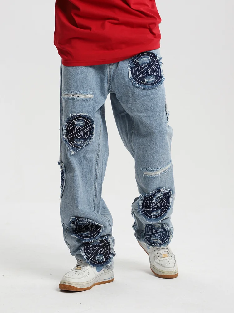 

Four Seasons American Retro Washed Distressed Embroidered Patch Ripped Jeans High Street Fashion Streetwear Men's Ins Hot Sale