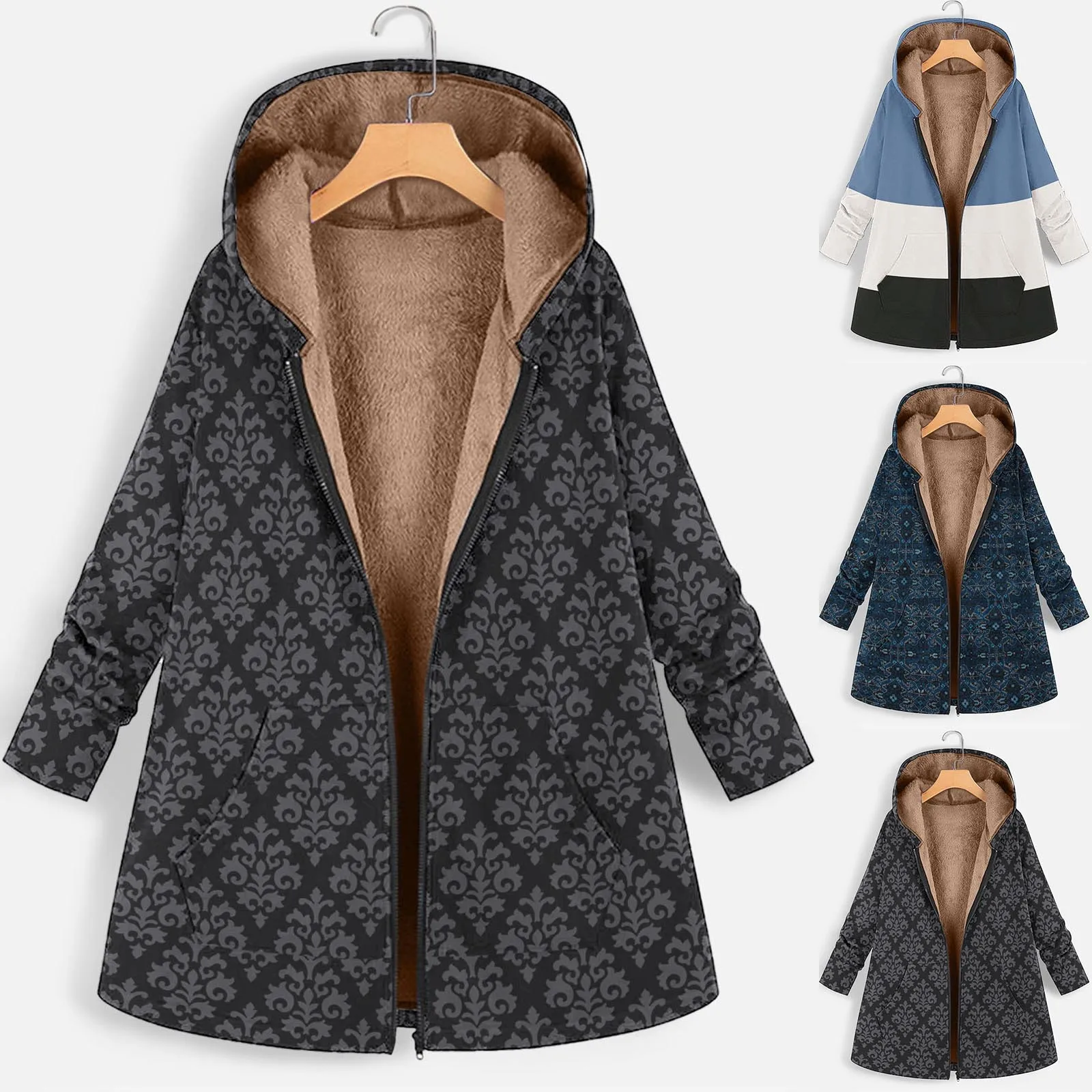 

Fleece Jacket No Hoodie Fahion Coats For Women Winter Fleece Thick Coats Warm Hooded Outerwear Fashion Print Outdoor Jackets