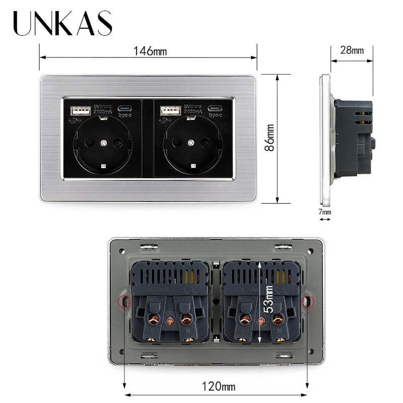 USB-порт UNKAS с евророзеткой, разъем USB Type-C + ТВ, телефонный порт RJ11, разъем для интернет-компьютера RJ45, 146 мм * 86 мм, панельная розетка из нержавеющ... (art.: 3920bb6510fda) - 3920bb6510fda