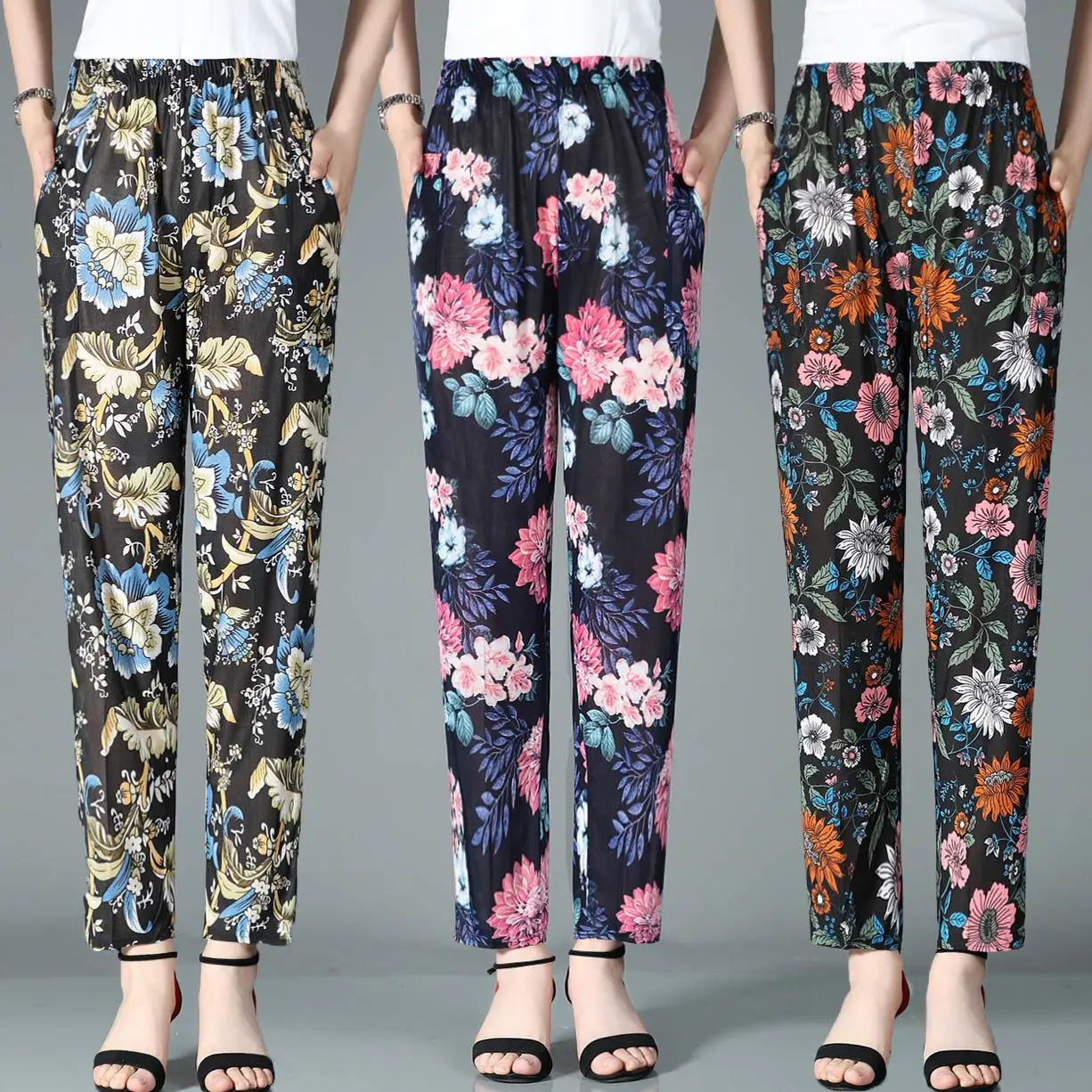 

2023 New Women Thin Summer Bottoms with Print Flowers Casual Elastic Waist Pants Women Ankle-Length High Waist Trousers W01