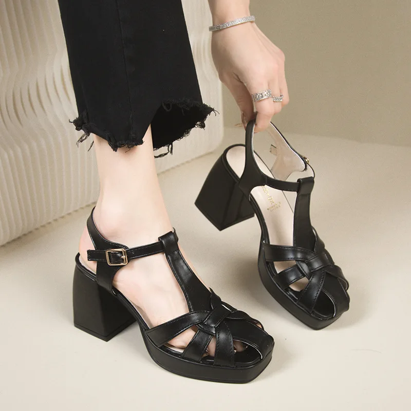 Новые женские босоножки на толстом каблуке кожаные туфли высоком женская обувь в