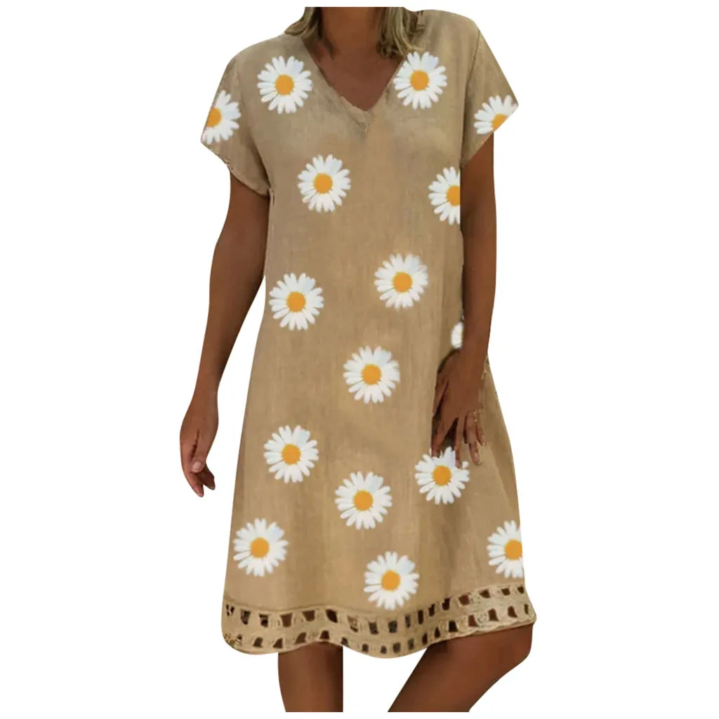 

Floral Midi Dress Print Loose Dress Women Short V-neck Summer Vintage Sleeve Women's Dress Dress Women Stylish Simple Lace-up