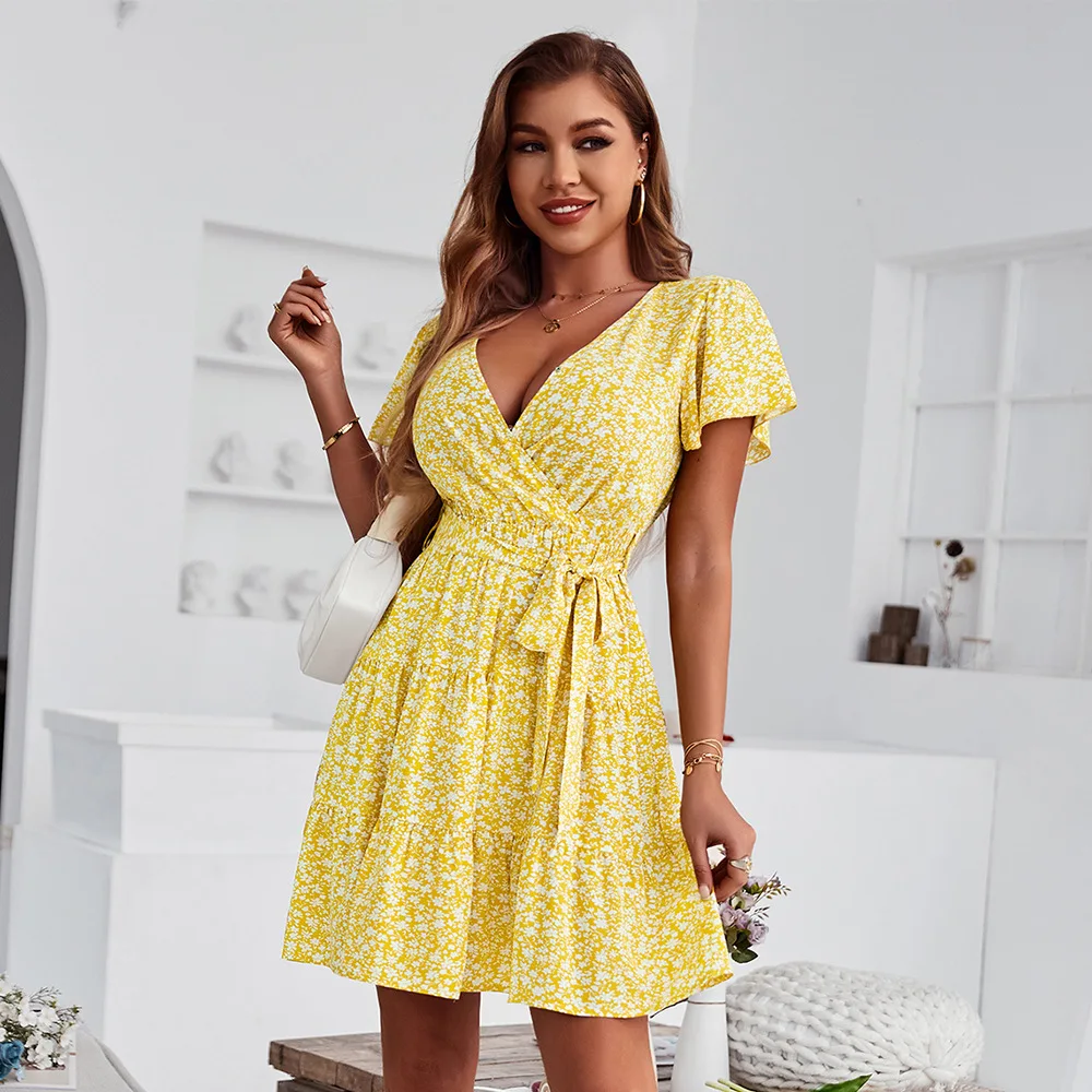 

Breast wrap dress in the station summer floral temperament large swing skirt casual sexy dress women wedding dresses