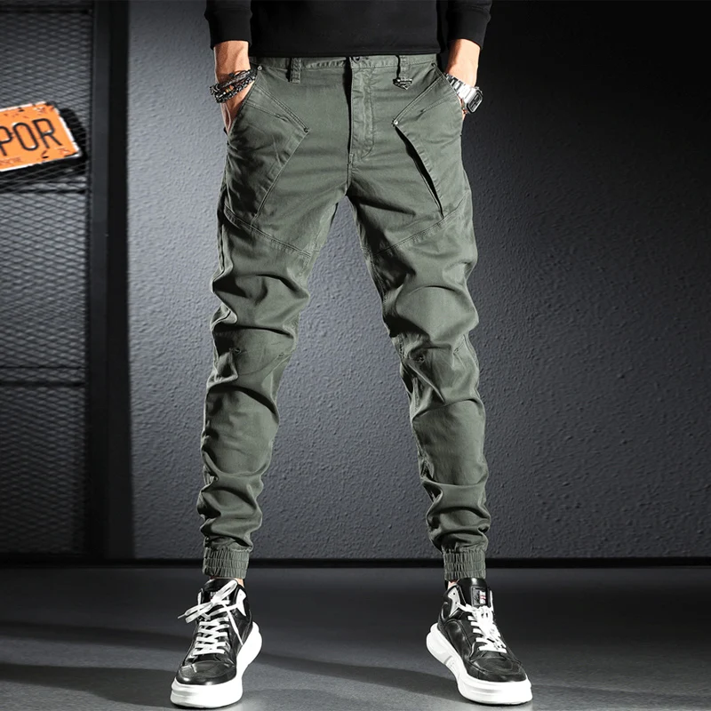 Korean Fashion Men Jeans Army Green Elastic Trousers Spliced Designer Casual Cargo Pants Hombre Streetwear Hip Hop Joggers Men