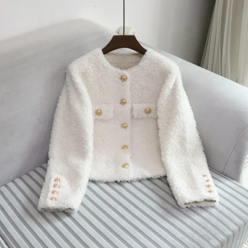 Elegant Round Neck Short Wool Coat 2022 Autumn and Winter New Sweet Women's All-Match Long Sleeve Suit Jackets for Women Street