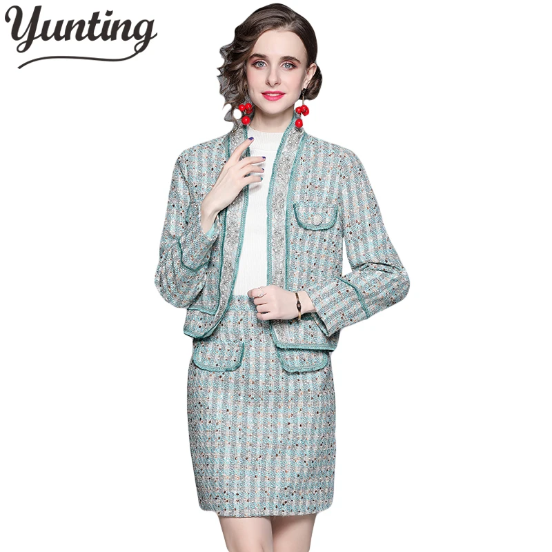 Autumn Winter Women Double-breasted Tweed Short Jacket Coat + Bodycon Skirt Suit 2PCS Clothing Green Plaid Sets