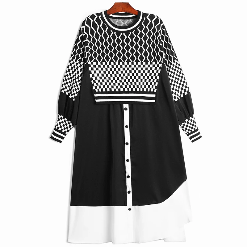 

SuperAen Korean Dress 2022 Autumn New Contrast Knitted Stitching Fake Two-piece Fashion Long Dress