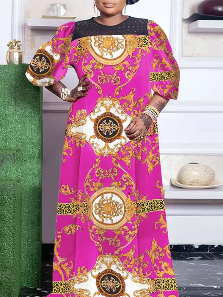 

Lace Patchwork Holiday Dress VONDA 2022 Women's Fashion 3/4 Sleeve Vintage Printed Maxi Dress Summer Vestidos Robe Femme Baggy