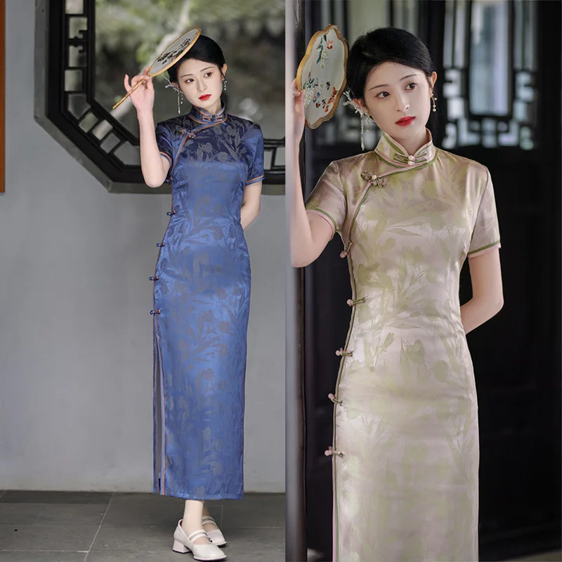 Vintage Jacquard Satin Qipao Elegant Short Sleeve Chinese Women Chongsam Dress Vestidos Fashion Improved Banquet Gown