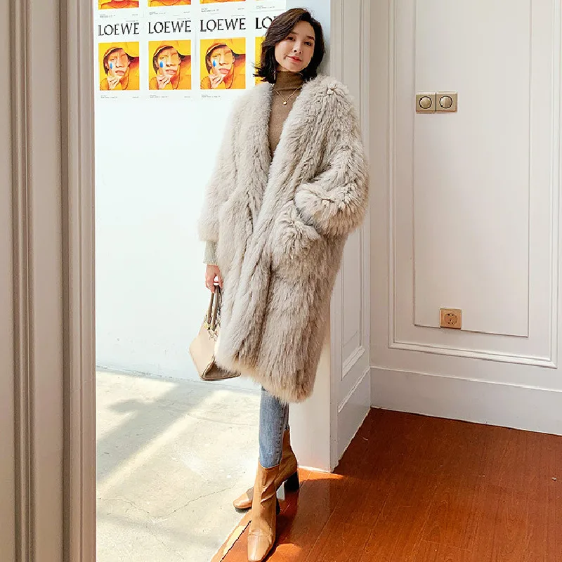 Vintage Real Fox Fur Double Side Knitted Long Coat Women Natural Fue Bat Sleeve Loose Jacket Female Thick Warm Overcoat Milk Tea
