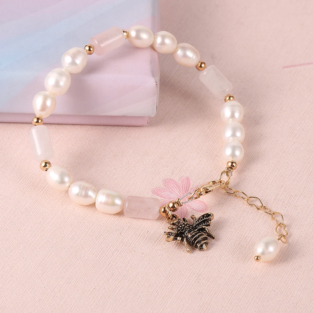 

Bee Pendant Freshwater Pearl Crystal Bracelets Natural Stone Aventurine Turquoise Beaded Handmade Boho Bangles Designer Jewelry