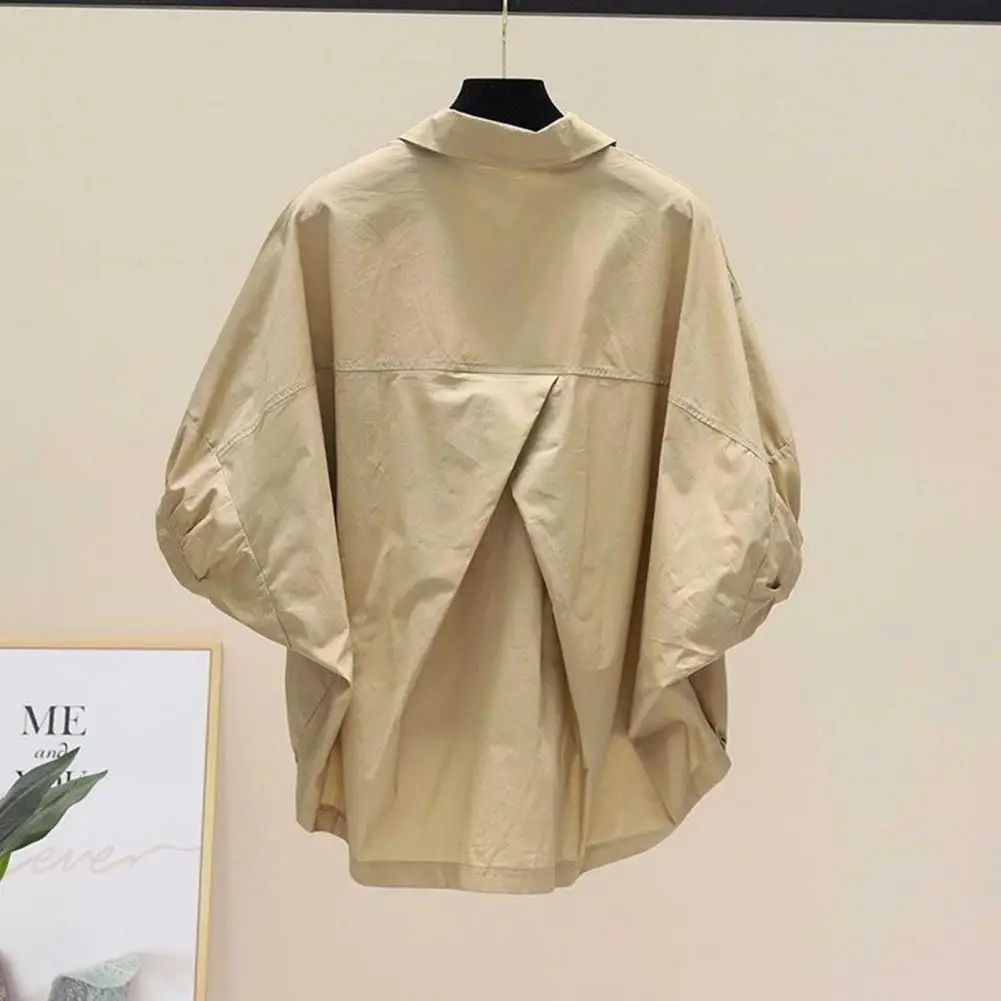 

Lapel Women Shirt Stylish Women's Lapel Shirt Irregular Back Design Half Sleeve Buttons Drawstring Hem for Spring Summer Women