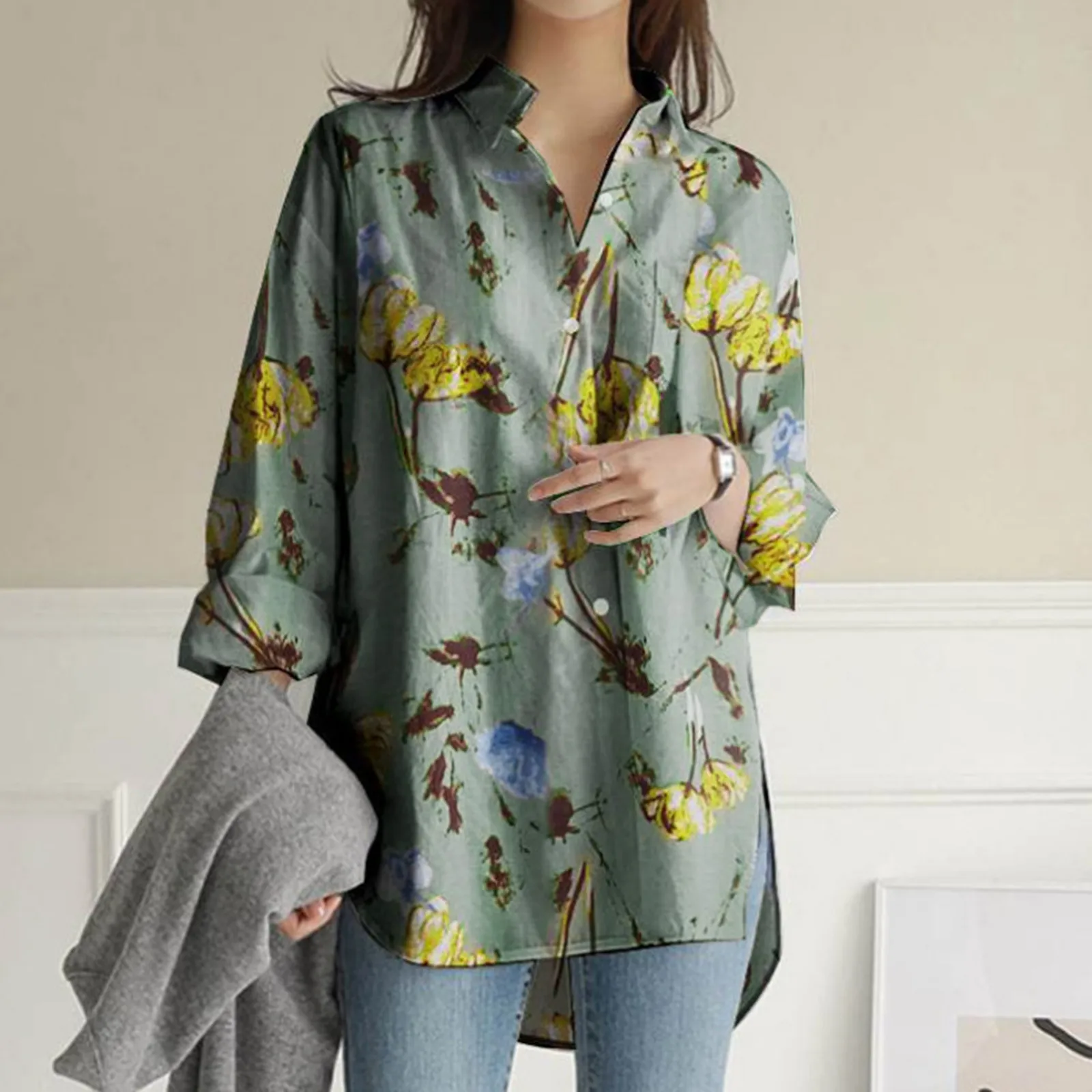 

Women's Fashion Elegant Top Shirt Long Sleeve Printed Button Turn-down Collar Shirt Ancient Soft Solid Shirts Breathable
