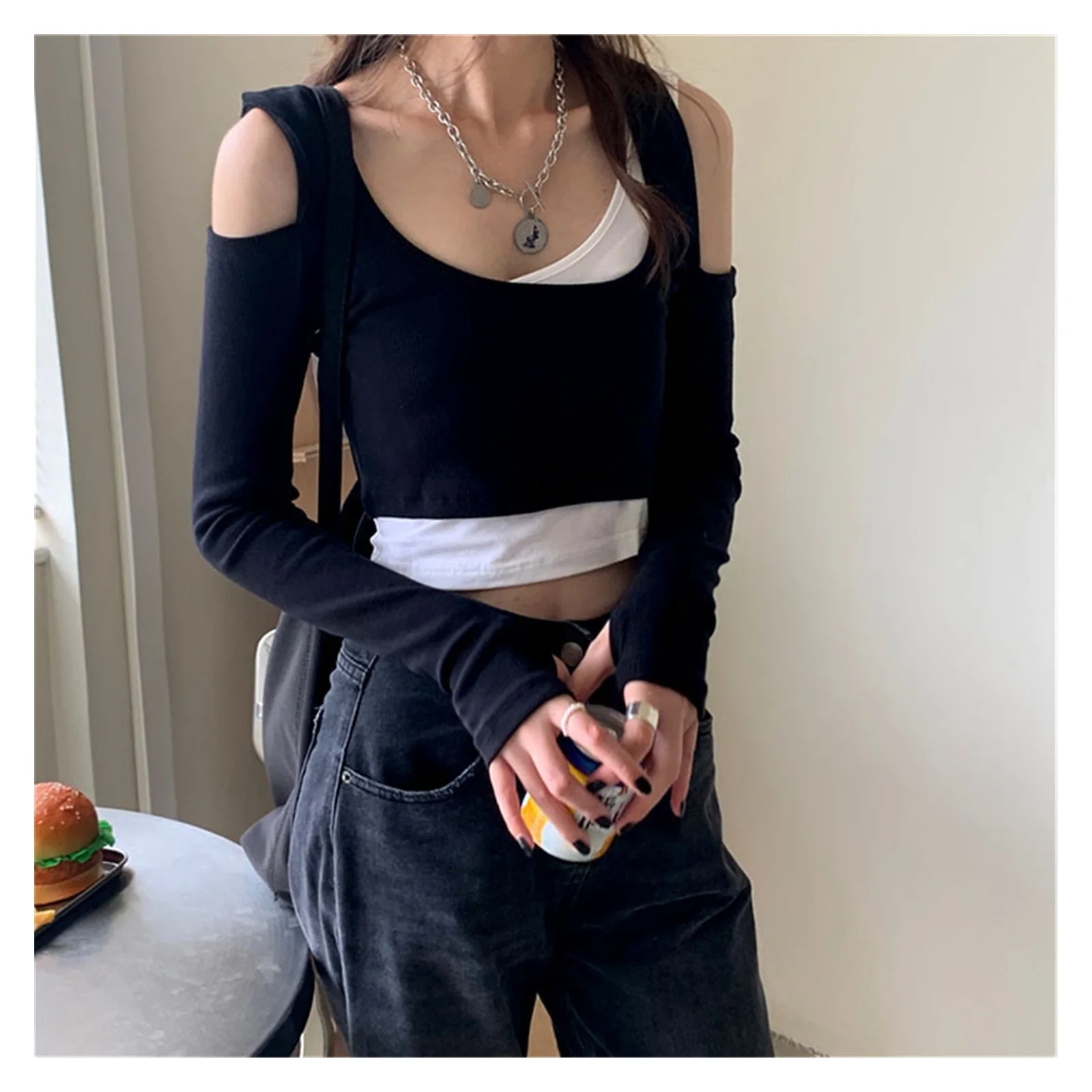2022NEW INS Super Popular Design Korean Style Fake Two-Piece T-shirts Women 2022 New Bandage Dress Sneaky |