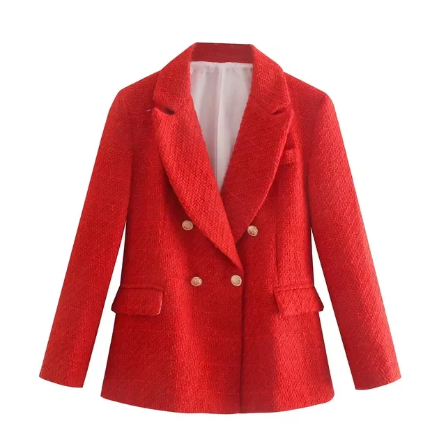 

2023New Red Testured Double Breasted Blazers Women 2021 Vintage Lapel Pronounced Shoulders Blazer Casual Pocket Woman Blazers