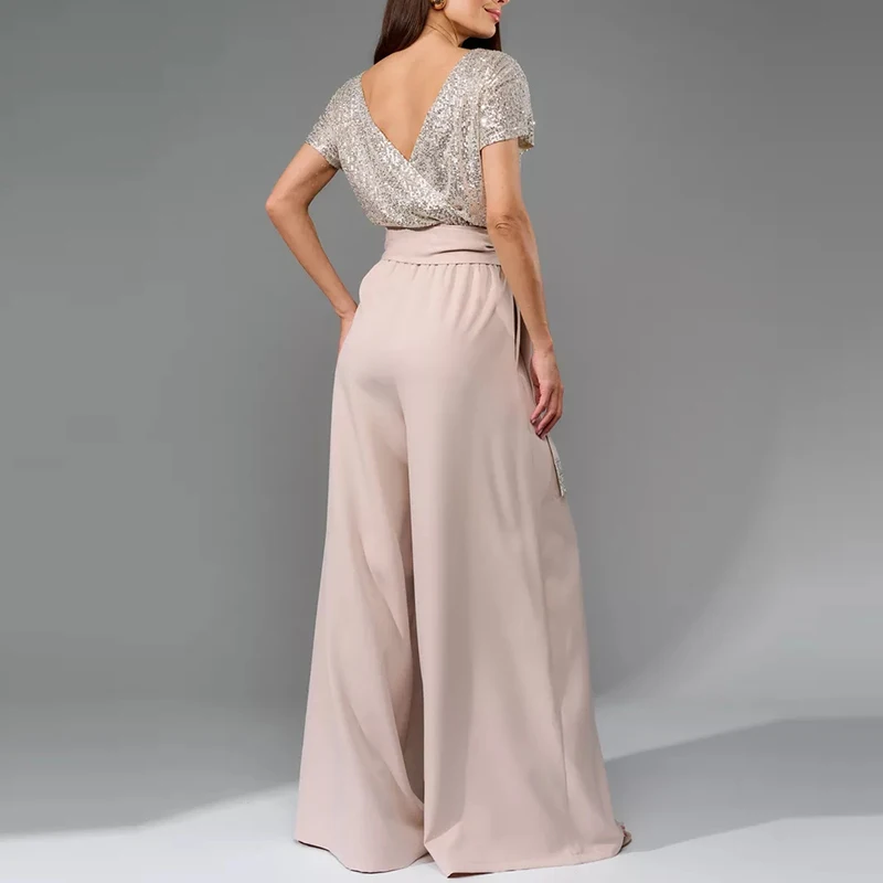 Женский комбинированный летний комбинезон с короткими рукавами и широкими