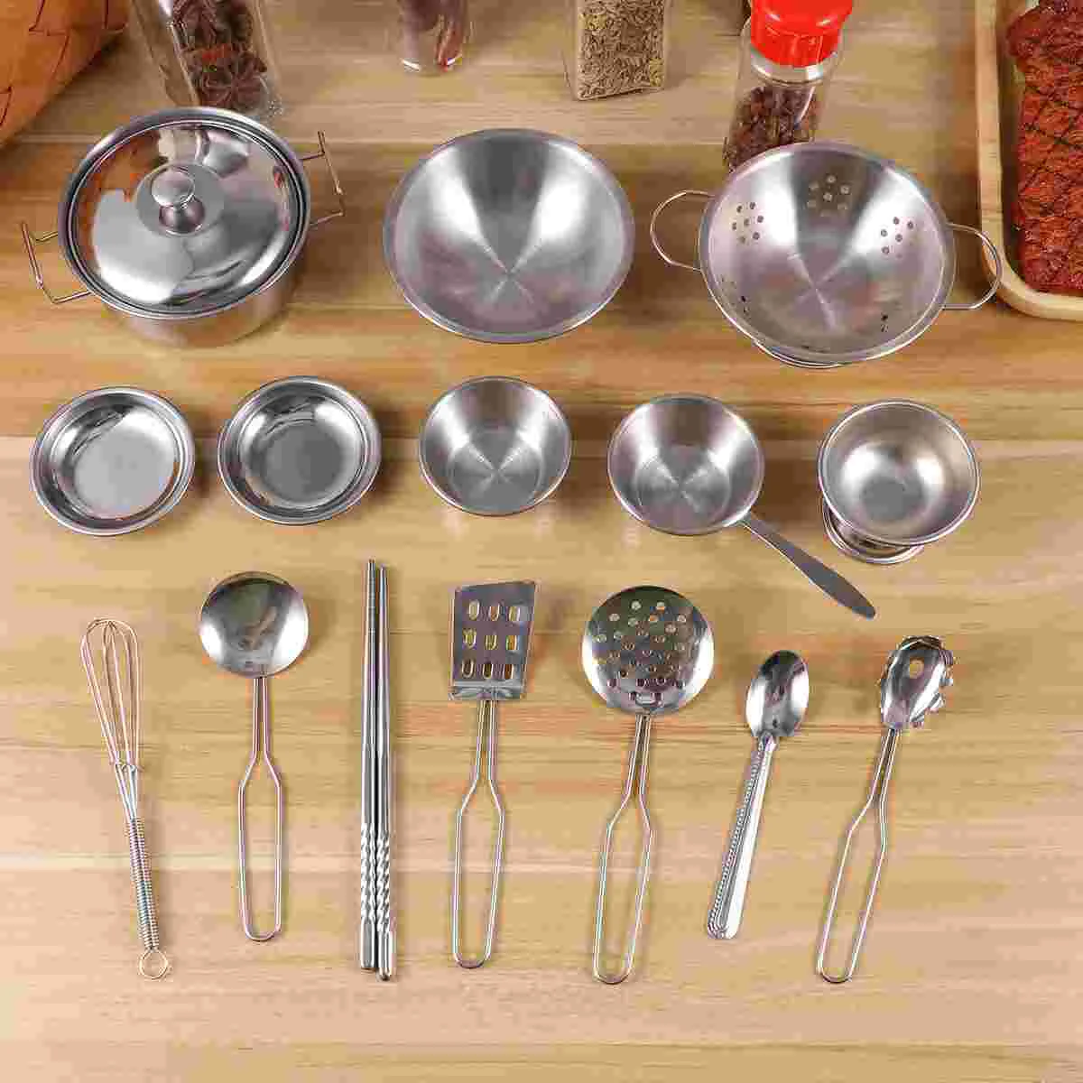 

1 Set/16 Pcs Cosplay Role Play Durable Tableware Stainless Steel Kitchenware for Children
