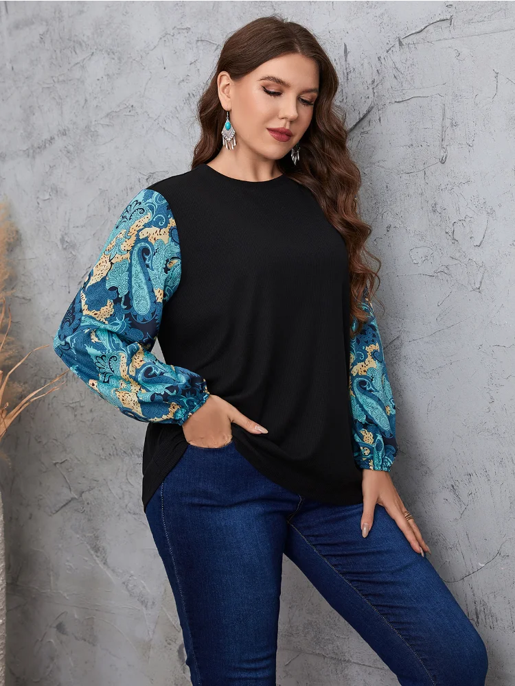 Temperament commuter color matching plant lantern sleeve round neck plus size shirt plus size women clothing