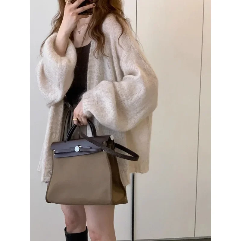 Женский вязаный кардиган мягкий Свободный кофейного цвета тонкий пуловер