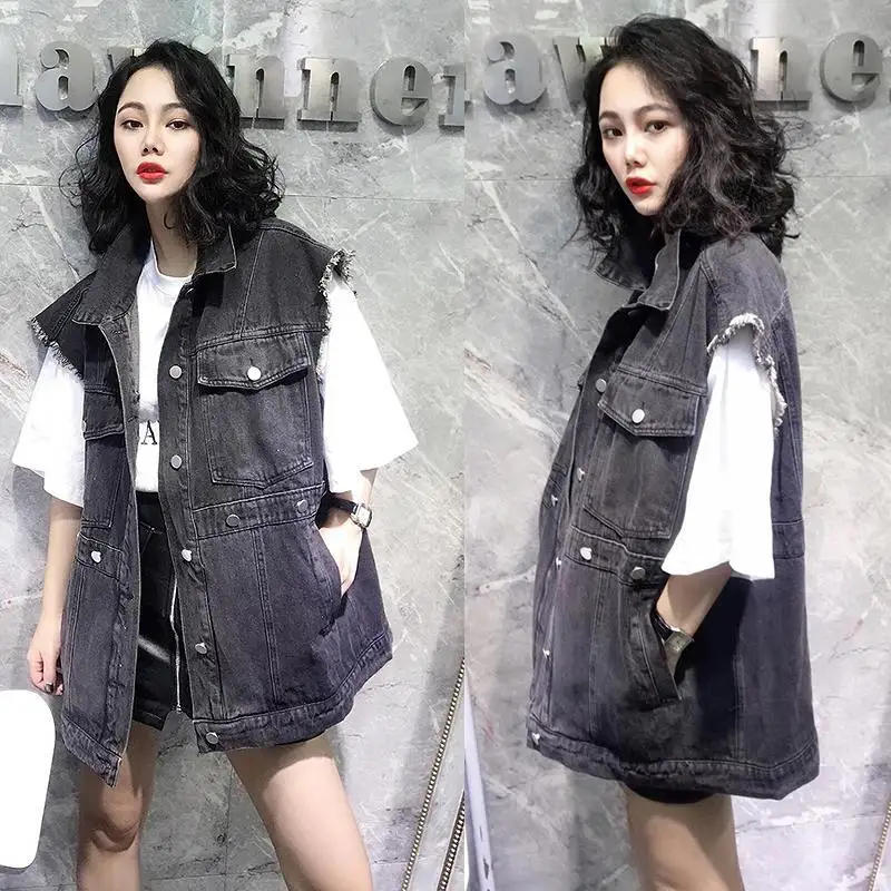 

Vest Coat Female Summer Student Loose Women Jacket Polo Collar Single Breasted Pocket Raw Edge Washable Sleeveless Sweetheart