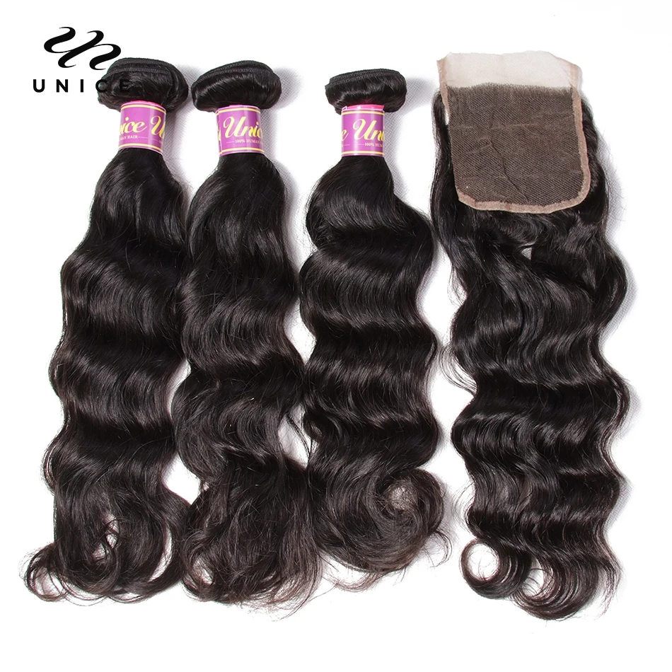 

Unice Hair Indian Natural Wave 3 Bundles With Closure 100% Human Hair Weave 4 Bundles Remy Hair Extensions Natural Color