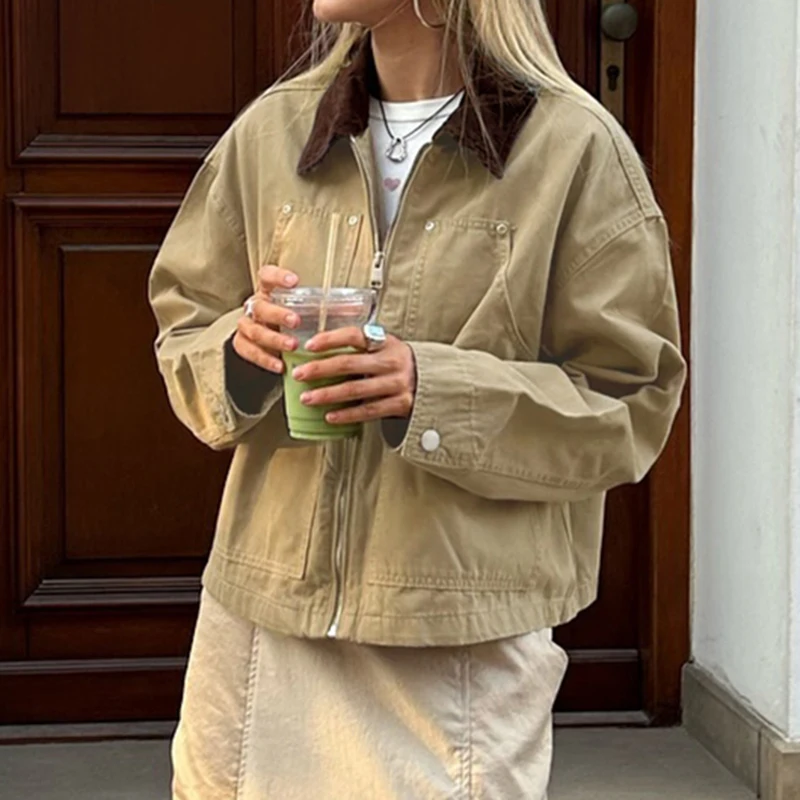 IAMHOTTY куртка-карго с большими карманами женская контрастного цвета отложным