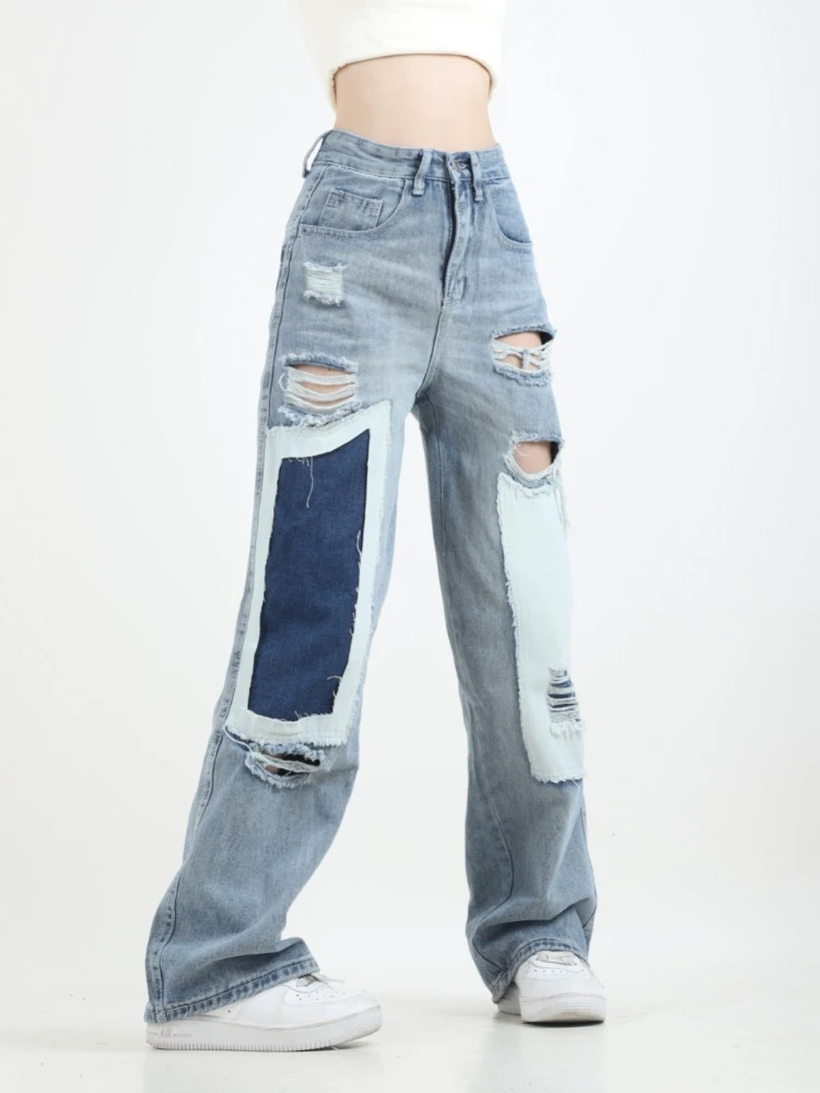 

Женские джинсы с перфорированным дизайном, прямые джинсы контрастных цветов, весенние женские джинсы с высокой талией и широкими штанинами