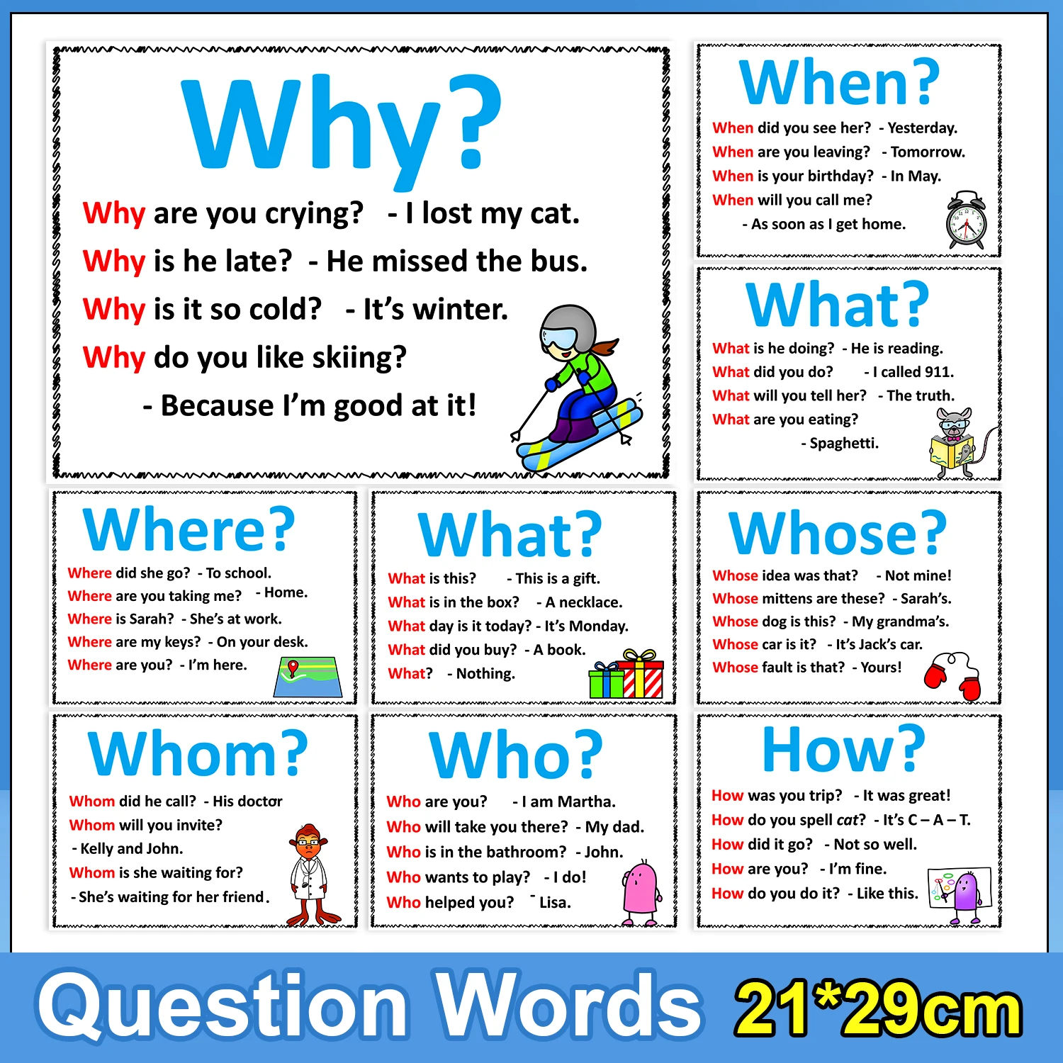

English Question Words Interrogative Sentence Laminated Poster Interrogative Pronouns grammar for kids children Teaching aids