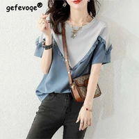summer fashion korean casual o neck patchwork ruffle chic sweet loose blouse women short sleeve pullover top female clothing2022