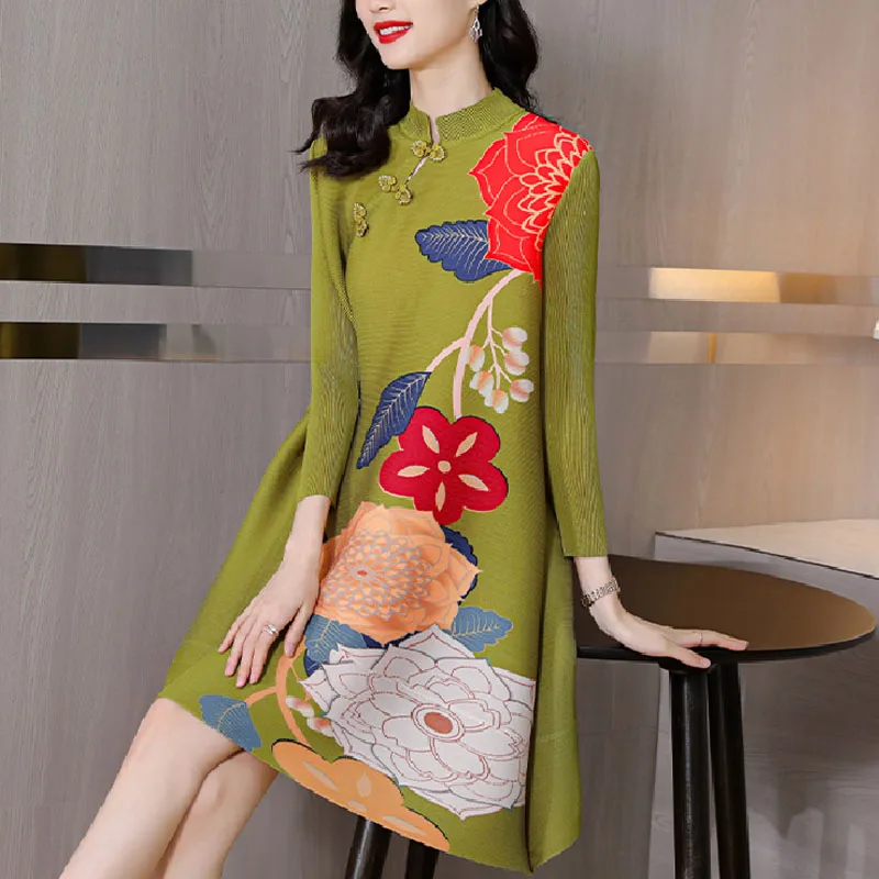 

SuperAen 2022 Spring/Autumn Stand Flower Print A-LINE Three Quarter Knee-Length Dresses for Women