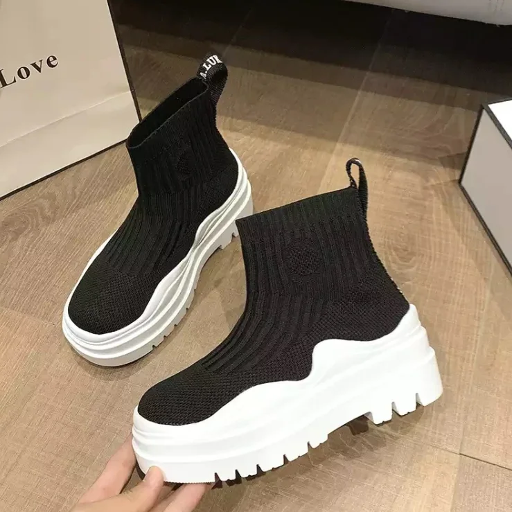Women Ankle Boots Knitted Sock Platform Female Slip-on Ladies Casual Comfortable Concise Fashion 2023 New Studens Short Boots