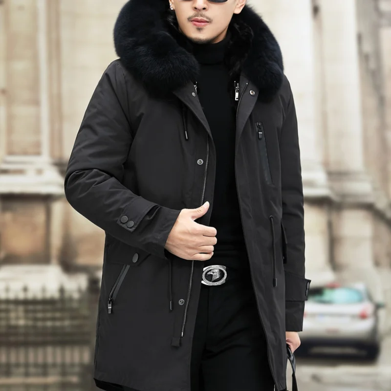 

Coat 2023 Fox Winter Real Men's Fur Fur Collar Jacket Men Warm Mink Fur Liner Coats Black Parkas Chamarras Para Hombre SQQ1008