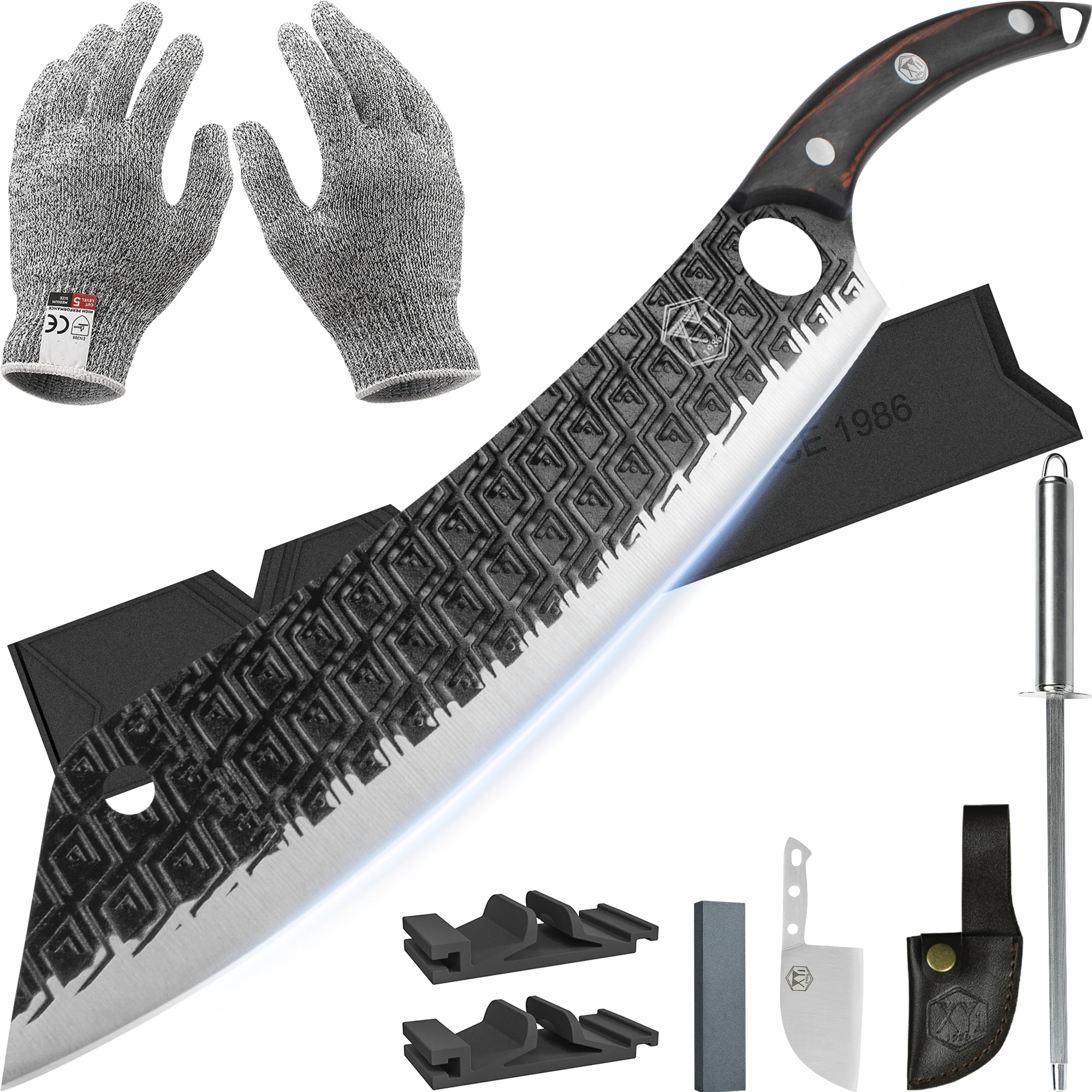 

XYj 12.5 Inch Full Tang Kitchen Knife Stainless Steel Vein Pattern Blade Butcher Knife Cleaver Cutting Tool Wood Handle Knife