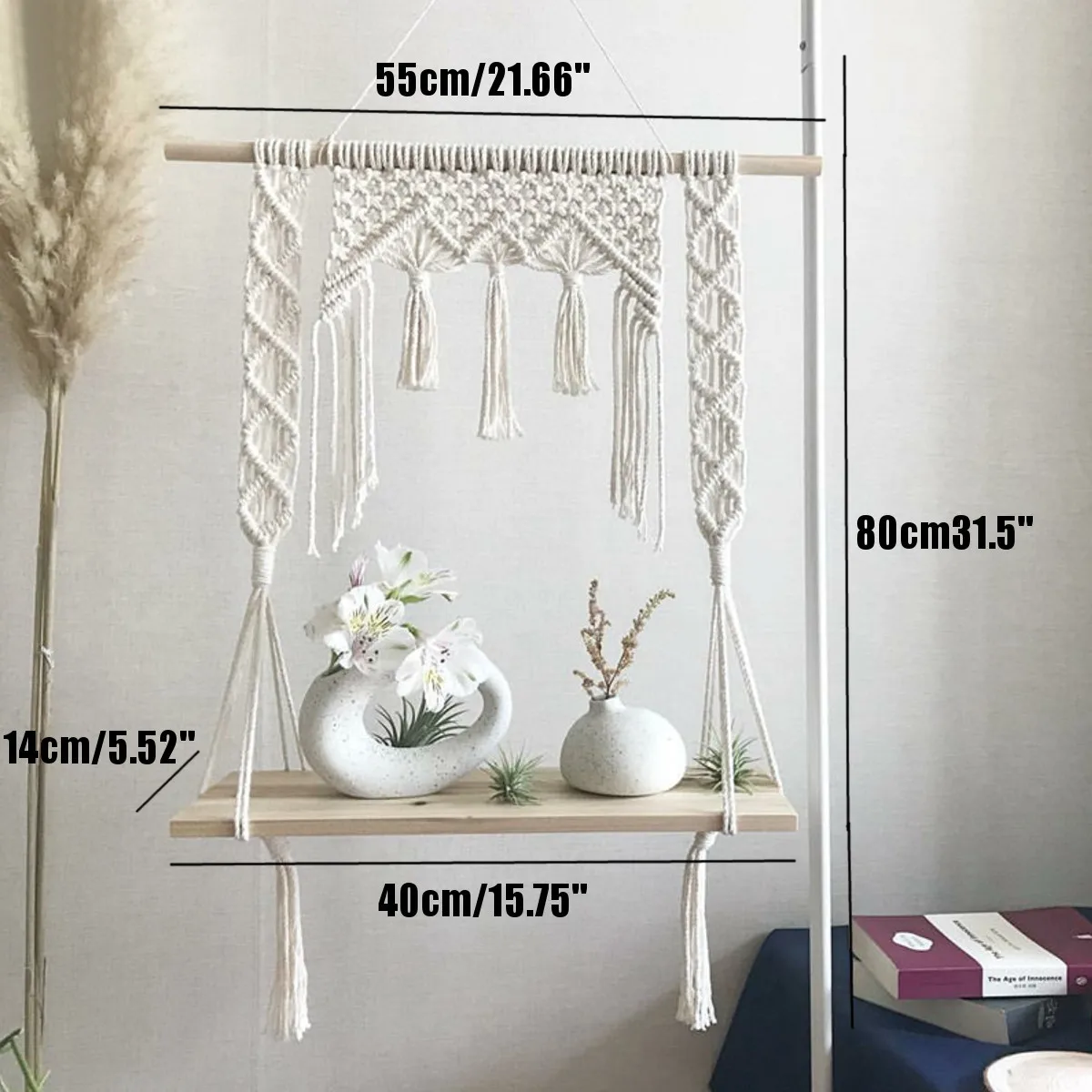 

2 слоя богемная деревянная настенная вешалка ручной работы с кисточками плавающая полка макраме подвесная посадочная Корзина вешалка для р...