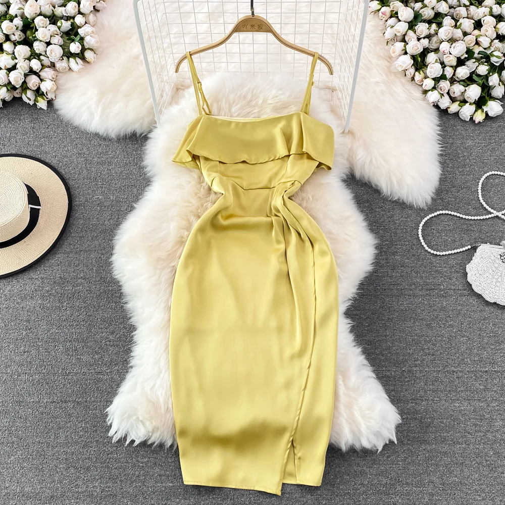 

Летнее атласное платье на бретельках из французского ацетата с рюшами, асимметричное Сексуальное женское платье с открытыми плечами