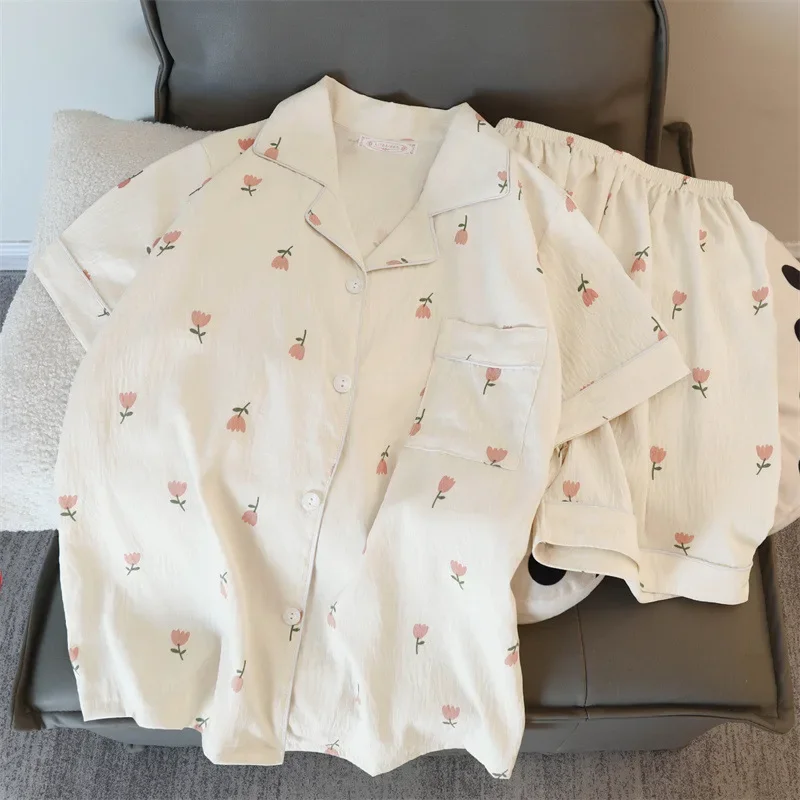 Летние женские пижамные комплекты костюм с шортами и коротким рукавом для