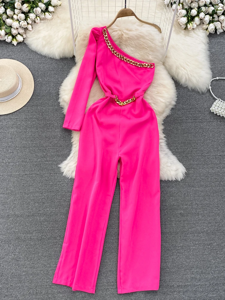 

HIGH STREET Newest Fashion Summer 2023 Women's Single Sided Long Sleeved Diagonal Collar Off Shoulder Wide Leg Jumpsuit