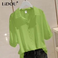 summer new korean fashion solid lapel buttons simple oversized short sleeve shirt female loose casual fruit green blouse blusas