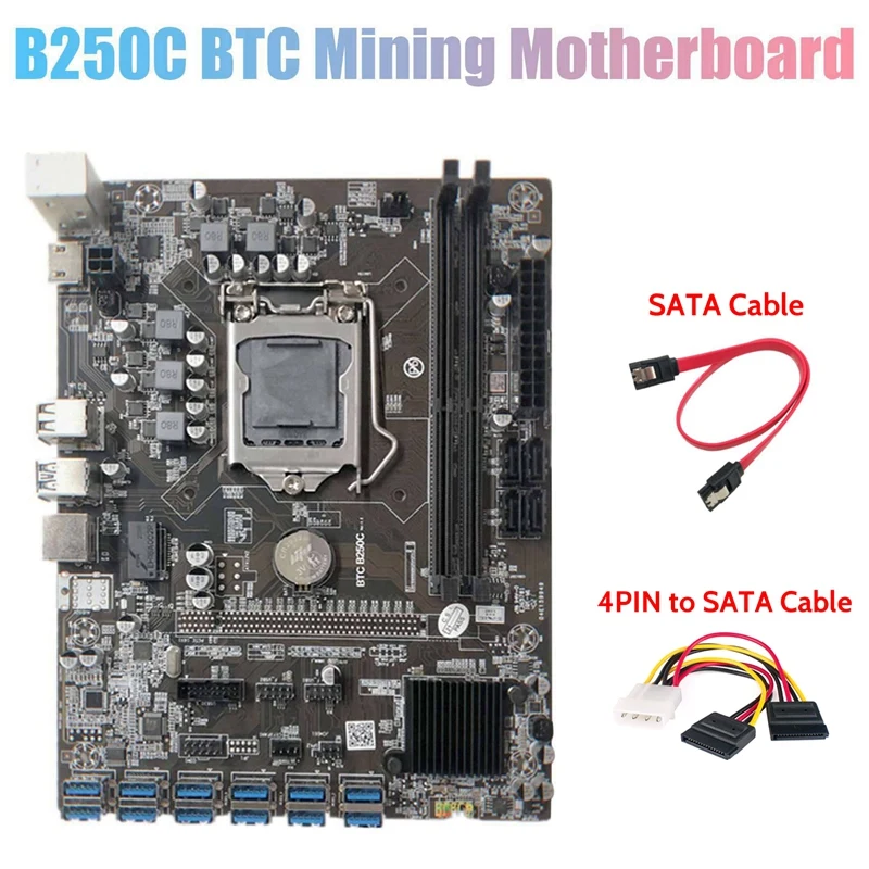 

B250C Miner Motherboard+Thermal Pad+4PIN to SATA Cable+SATA Cable 12 PCIE to USB3.0 Graphics Card Slot LGA1151 DDR4