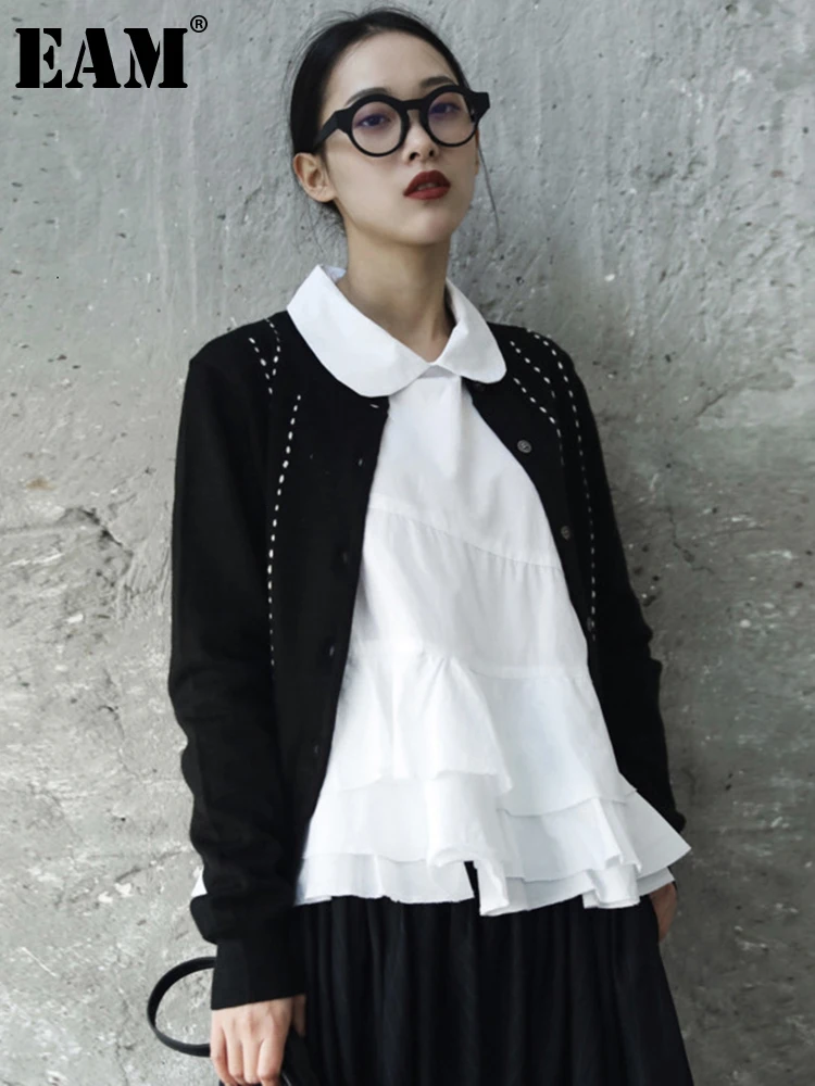 

[EAM] Black Topstitched Knitting Sweater Cadigan Loose Fit Round Neck Long Sleeve Women New Fashion Spring Autumn 2022 JR500