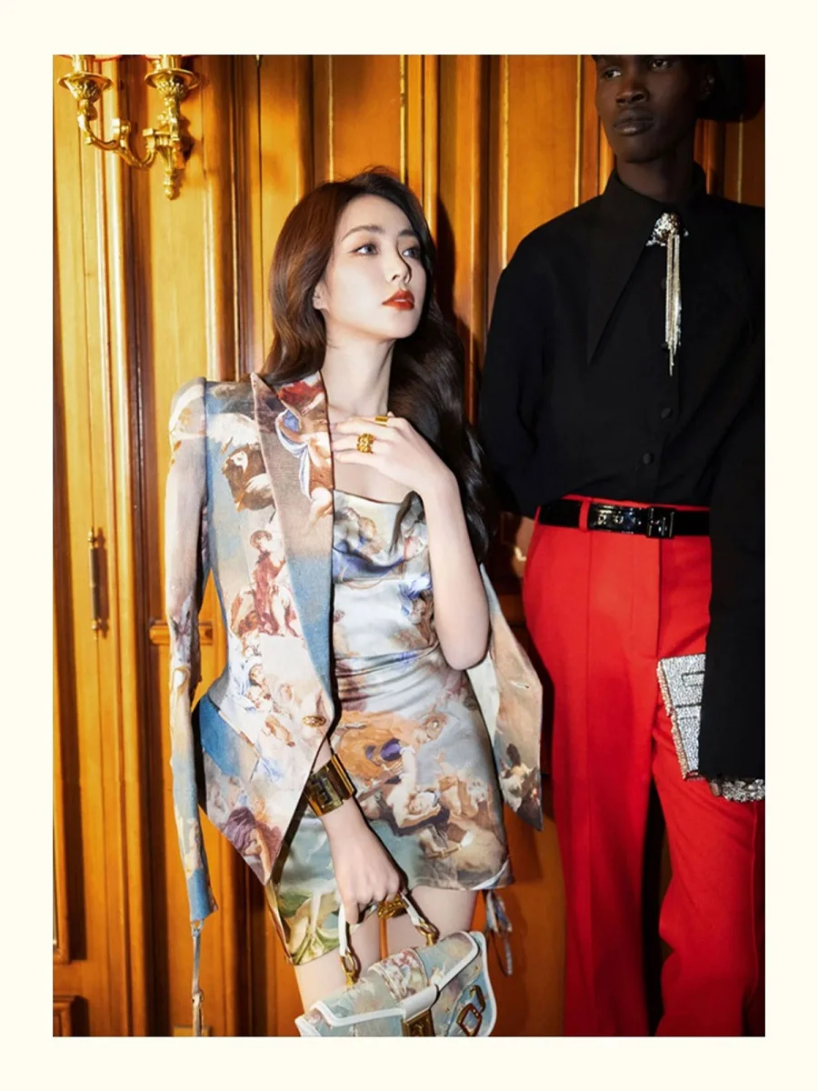 

2023 woman coat satin 3D printing casual skinny women jacket y2k clothes New fashion high quality vintage top suit bra