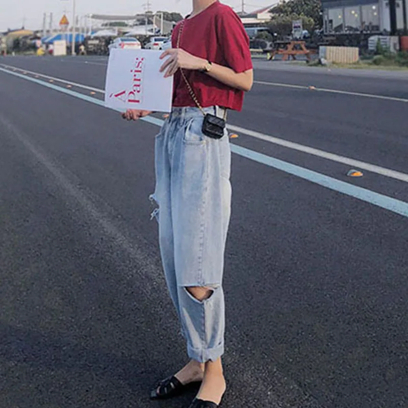 Donsignet Ripped Jeans for Women Summer Loose Korean Plus Size High Waist Bloomers Woman Jeans New Ankle-Length Pants