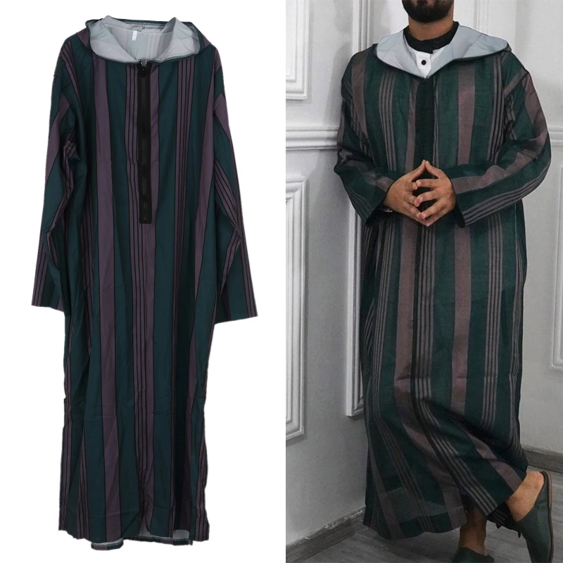 

Muslim Hooded Robe Dashiki Long Tops Men's Striped Spliced Shirt Autumn Men's Fashion Casual Hoodie Shirts African Men